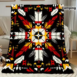 A Single Piece Of A Soft And Lightweight Tribal Geometric Blanket Featuring A Southwestern Design In Black, Red, White, Gray, Beige, And Golden Brown. This 280Gsm Bedspread Is Suitable For All Seasons And Can Be Used On Sofas, Beds, During Camping