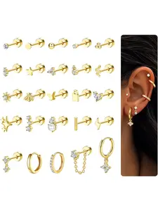 25Pcs Flat Back Earrings for Women Hypoallergenic Surgical Steel Earrings Stud Hoop Earrings Set Tragus Earrings Helix Cartilage Earrings Silver Gold Conch Daith Tragus Piercing Jewellery