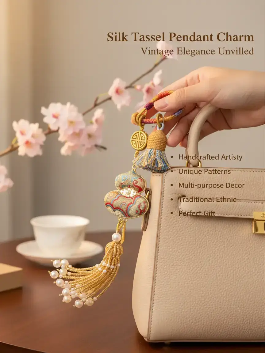 Women's Handcrafted Silk Song Brocade Tassel Pendant - 20×4×1 cm Floral Chinese Vintage Charm, Decorative Adults' All Seasons Accessory for Hanfu, Unique Pattern Pure Craftsmanship Gift (Slightly Varying Designs Per Piece)