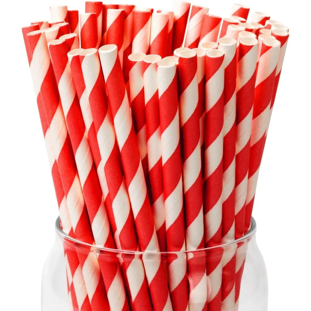 Disposable Colorful Red and White Striped Compostable Biodegradable Paper Straws - 0.24" Diam, 7.75" Long, 100pcs Dye-, Odor- & Toxin-Free Durable Bar & Kitchen Utensils for Wedding, Birthday, Cocktail Events, 0.24" Diameter, Dye-Free