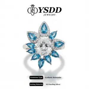 【11.15 Spider Lily】New 2CT Oval Moissanite Statement Ring with Blue Topaz Petals vvs Synthetic Moissanite Rings in 925 Sterling Silver