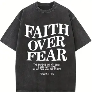 Men'S Vintage Washed T-Shirt with "Faith Over Fear" Inspirational Bible Verse Print (Psalm 27:1) - Distressed Brown & Black Graphic Tee, Soft Breathable Fabric, Relaxed Fit Round Neck Casual Shirt for Casual At