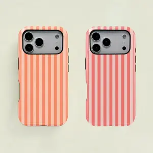 1PC Coral Pink Orange Striped Print Phone Case, Rugged Shockproof 2in1 Protective Shell for iPhone 17 16 15 14 13 12 Pro Max, Samsung Galaxy S25 S24 S23 S22 Ultra Series Holiday Gift Minimalist Fashion Case Cover