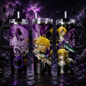 STORMMECH 40oz Black Cap & Handle Insulated Stainless Steel Beverage Tumbler - Meliodas Double-Deck Vacuum Flask, Portable Washable Water Bottle, Large Iced Coffee Mug, Anime Otaku Kitchenware Drinkware Gift