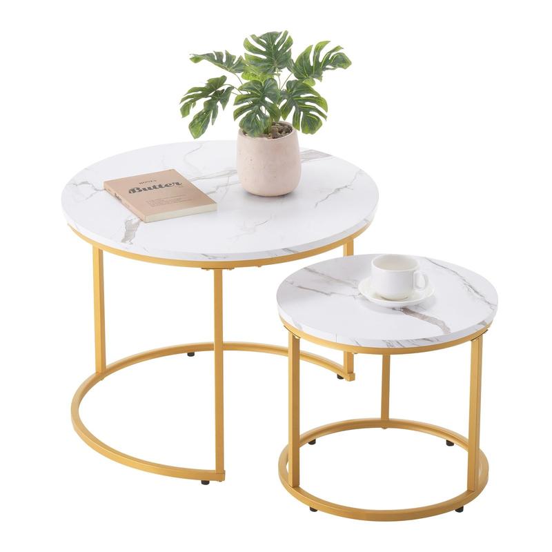 Nesting Coffee Table Set of 2, 23.6-Inch Round Coffee Tables for Small Spaces, Space-Saving Nesting Tables with Metal Frame, Vintage End Tables and Nightstand, Side Tables for Living Room, Bedroom and Office, White and Gold Finish