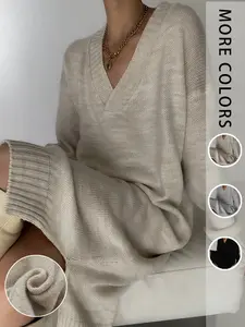 Women's Long Knit Dress V-Neck Asymmetrical Design Casual Fitted Plain Pattern Fall & Winter Fashion, Comfortable Loose Fit