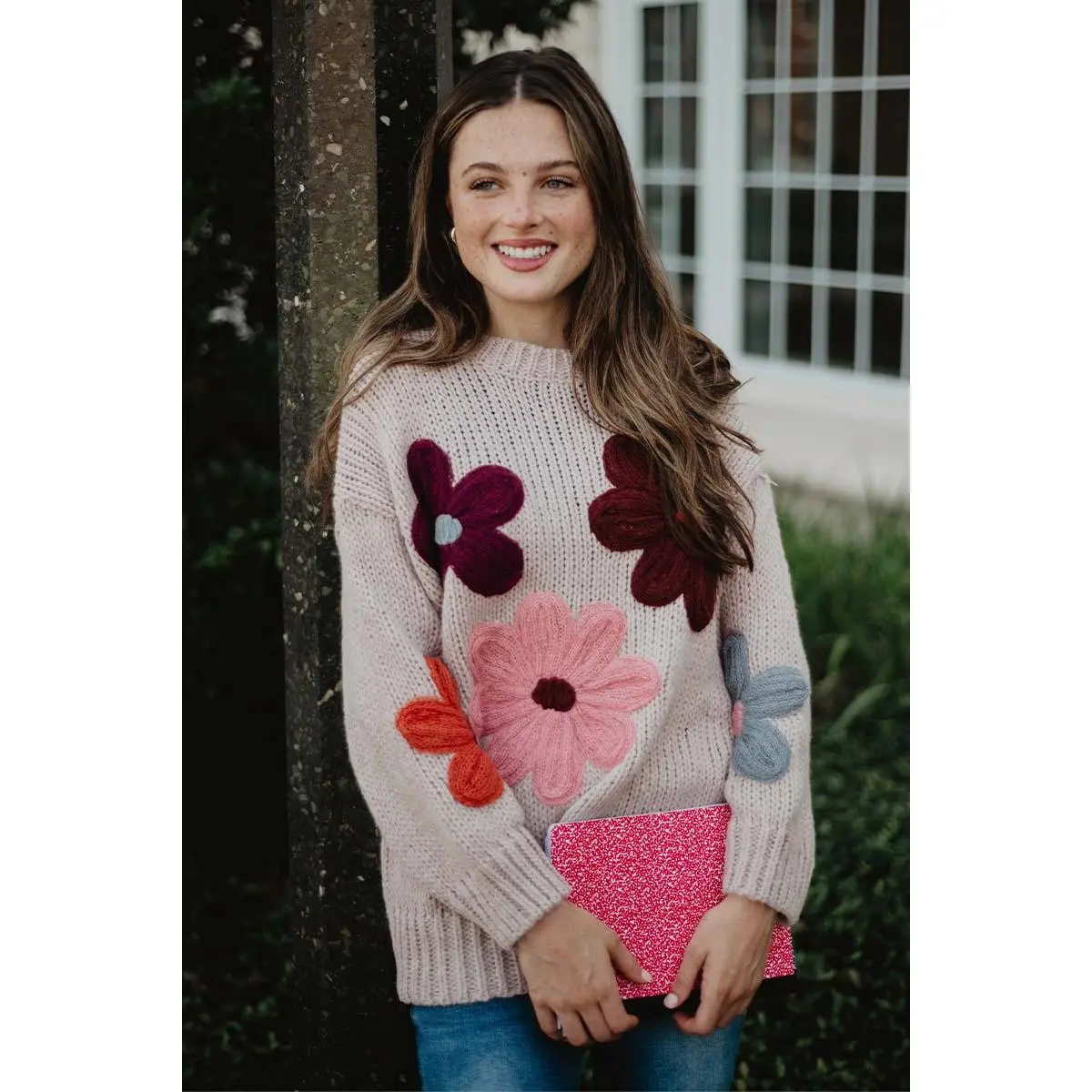Tan Floral Knit Stitched Sweater Tan Floral Knit Stitched Sweater