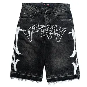 New Harajuku letter embroidered black jeans men's shorts casual sports shorts street wear men's wet shorts tropical shorts off-road motorcycle
