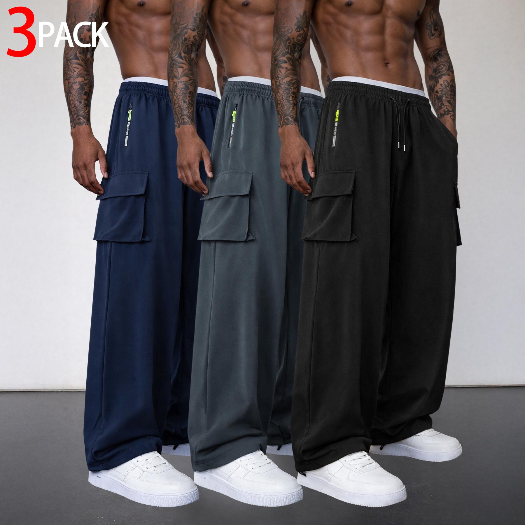 3 Pack Mens Cargo Pants Baggy Wide Leg Drawstring Trousers with Zipper Pocket and Flap Pockets Loose Fit Streetwear Utility Pants for Daily Wear Travel Commuting Skating Outdoor Casual Workwear Inspired Outfits