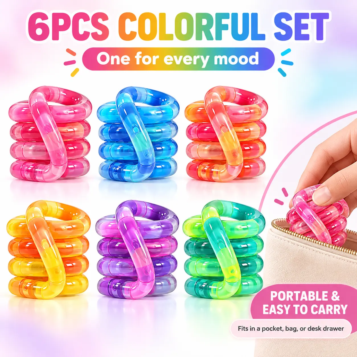 SKYQITIAN Unisex ABS Plastic Temperature-Color Changing Twist Sensory Chain Fidget Toys, 6PCS Heat-Reactive Stress Relief Toys for Desk & On-the-Go, Plastic Stress Relief Toys
