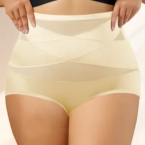 Women's 4-Pack Plus-Size Compression Shaping Briefs, Womenswear with Soft Fabric, Cross-Front Tummy Control, Full-Back Lifting Design, Mesh Accents, Minimalist Style, Multiple Colors for Everyday Wear