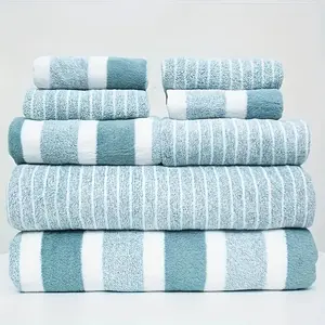8-Piece Striped Bath Towel Set, Quick-Dry High Absorbency, Includes 2 Bath Towels, 2 Hand Towels, 4 Face Cloths, Ideal for Home, Hotel, Spa