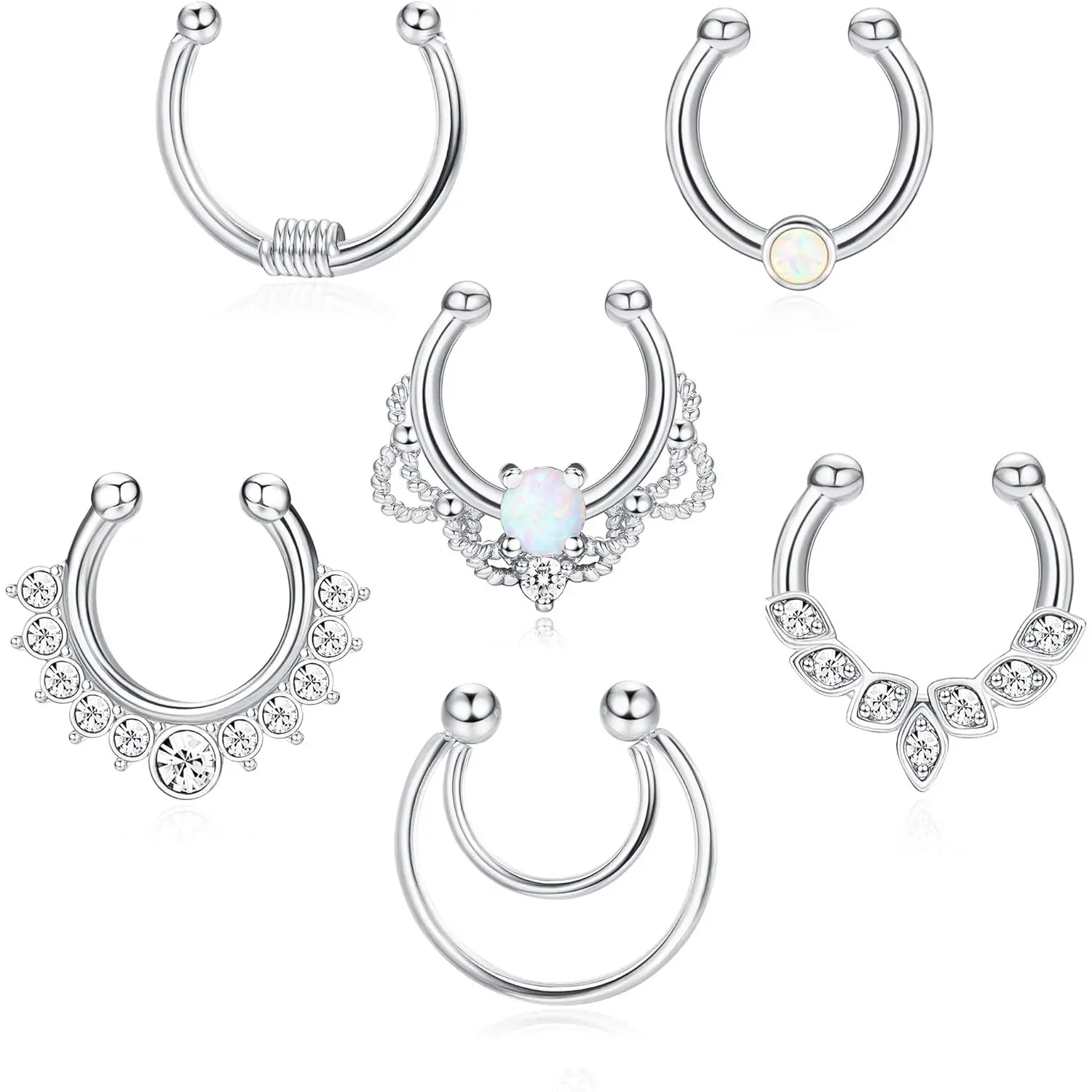 FUNRUN 6Pcs Fake Septum Rings Clip On Opal & CZ Nose Hoop Set | Non Piercing Nose Rings for Women | Adjustable Fake Nose Jewelry 8-12MM Fake Peircings