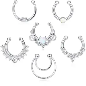6Pcs Fake Septum Rings Clip On Opal & CZ Nose Hoop Set | Non Piercing Nose Rings for Women | Adjustable Fake Nose Jewelry 8-12MM