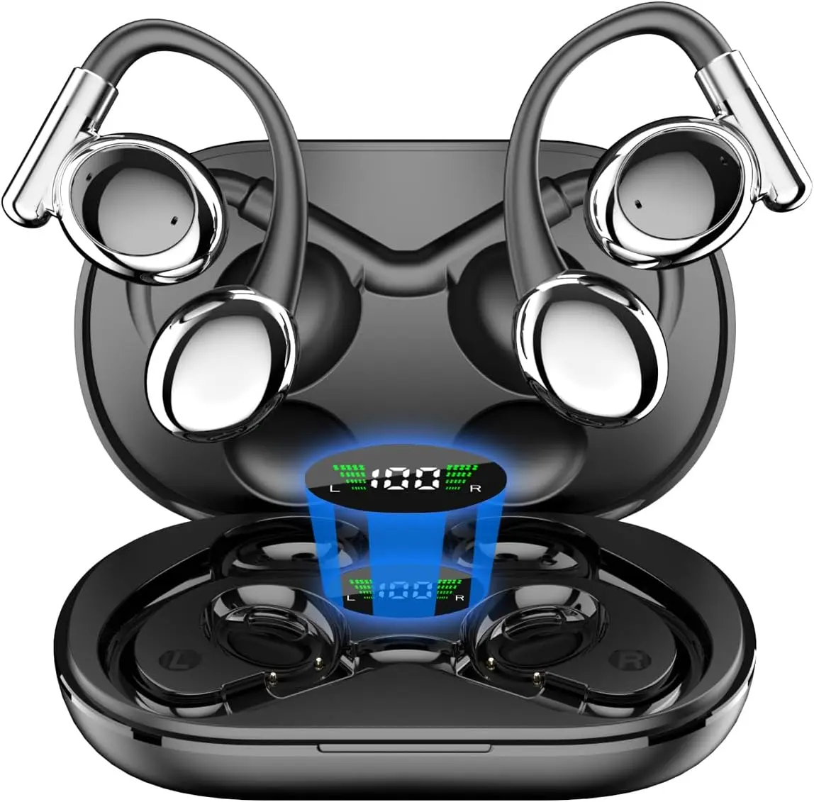 Open Wireless Headphones, Hanging Ear, Fast Charging, LED Digital Display ChargingCase, 50 Hours of Playback Time, Sweat Resistant, Compatible with iPhone and Android, Running Headphones (Black)