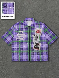 Unisex Rhinestone Plaid Zip-Up Short Sleeve Collared Casual Graphic Shirt | Y2K Punk Streetwear Graffiti Print Cropped Top (Purple/Orange Options)