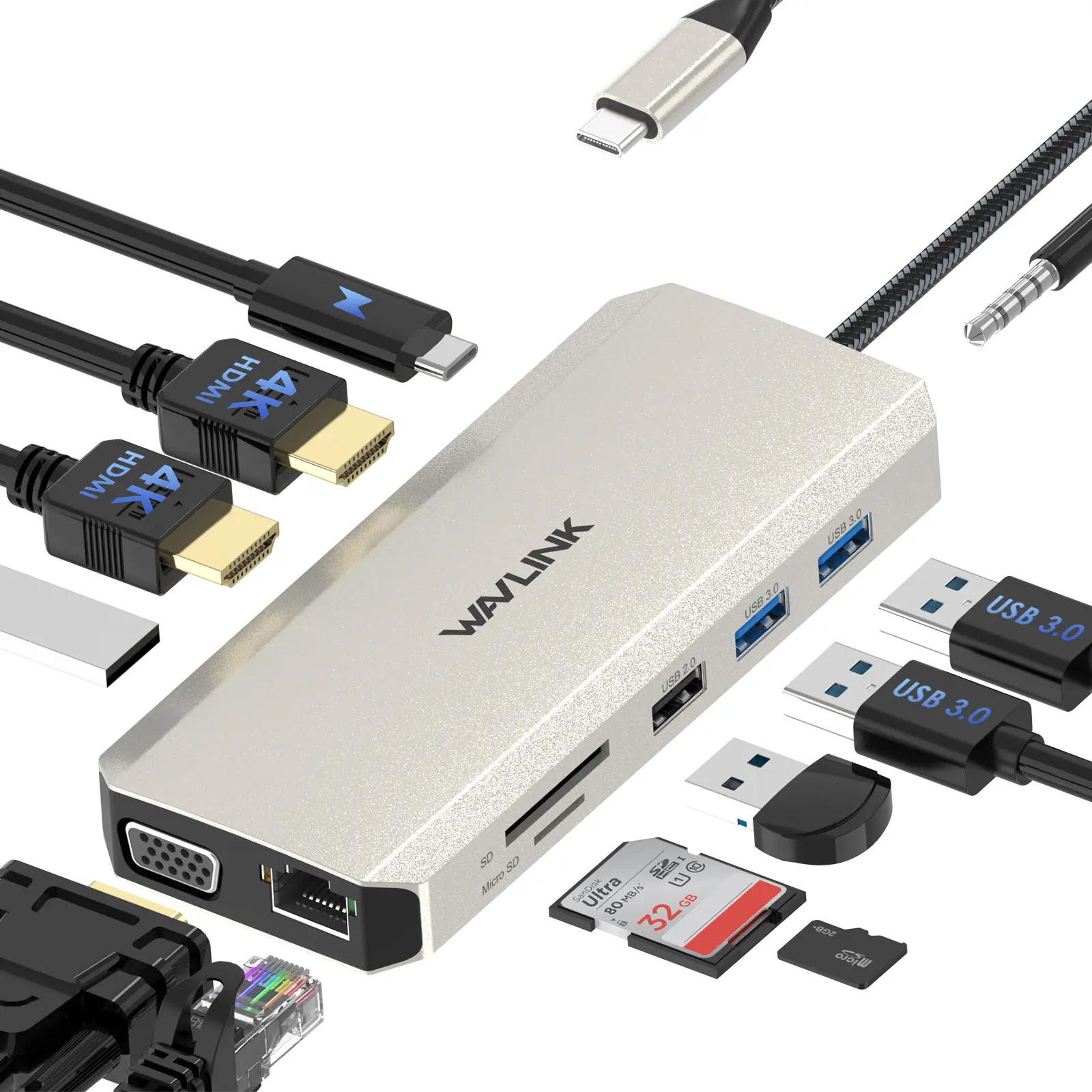 WAVLINK USB C 12-in-1 Hub Docking Station with Triple Display HDMI & VGA Ports, 85W Charging, 2 USB 3.0 & 2 USB 2.0, SD Card Reader, 3.5mm Audio Jack for Windows/Mac