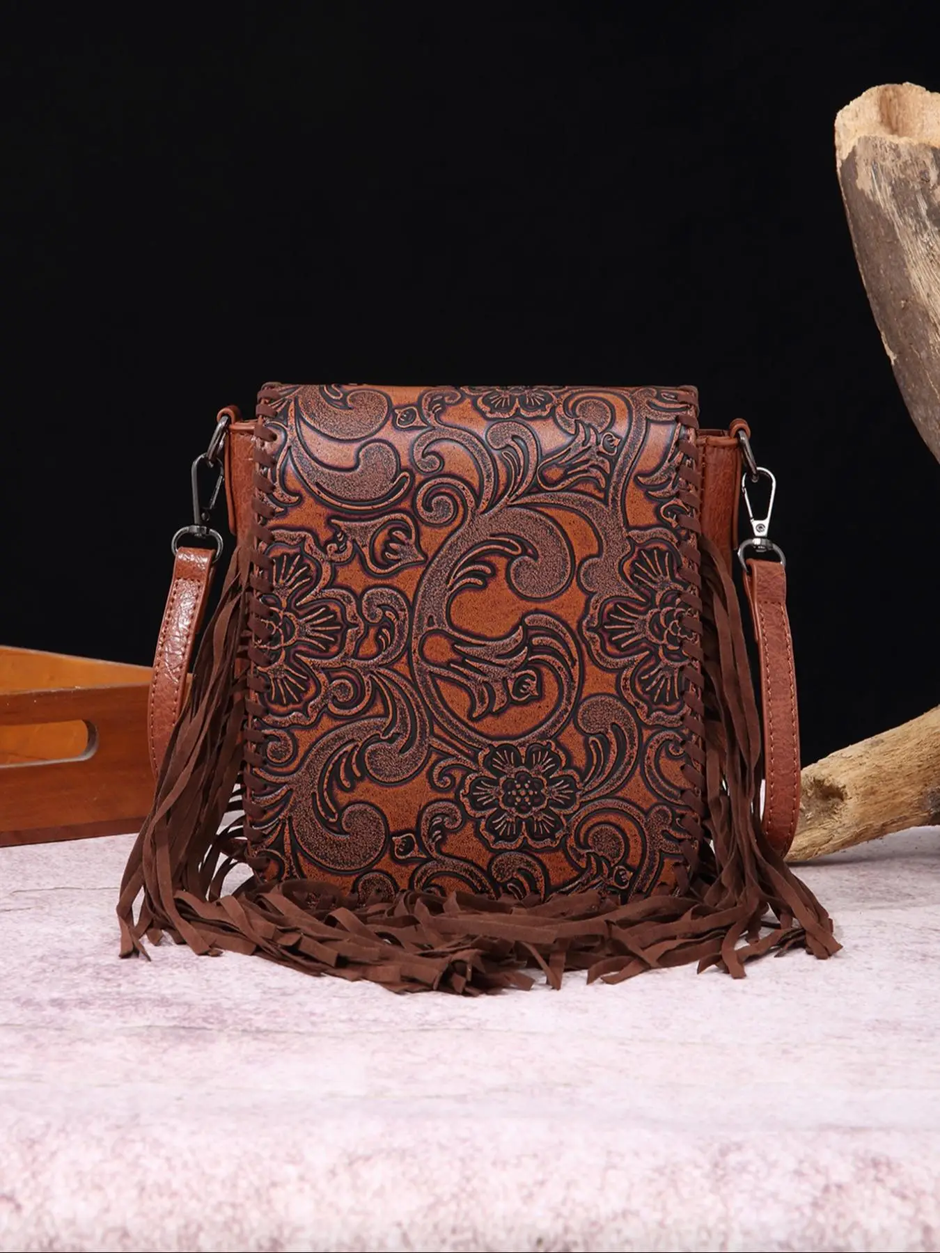 Women's 1 Piece Random Print Fringe Design Flap Crossbody Bag, Fashionable PU Leather Zipper Square Shoulder Bag For Daily Used