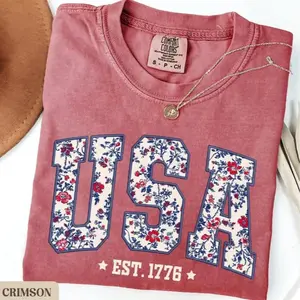 Comfort Colors USA Shirt, 4th of July shirt, floral USA tee, summer patriotic shirt for women, America est 1776 shirt, red white blue shirt