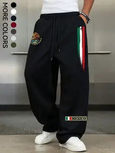 Men's Mexico Emblem Print Wide Leg Sweatpants, Cultural Element Mexican Flag Pants, Spring & Fall Streetwear, Men's Casual Clothing, Athleisure Style, Casual Sports Pants