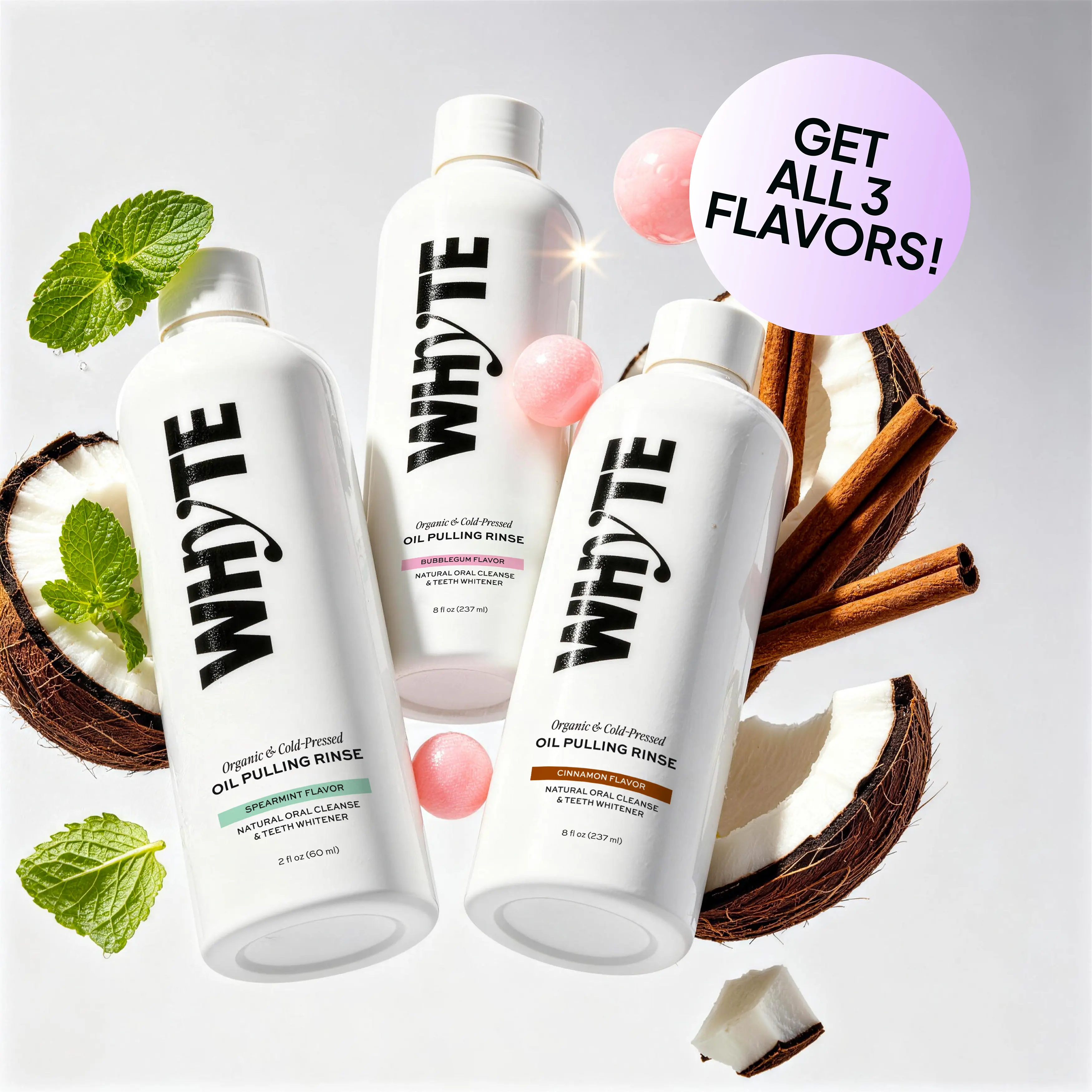 WHYTE Organic Oil Pulling Rinse Bundle | Maximum Oral Detox, Teeth Whitening + Fresh Breath, Alcohol & Fluoride Free, 3 Flavors, 8 fl oz