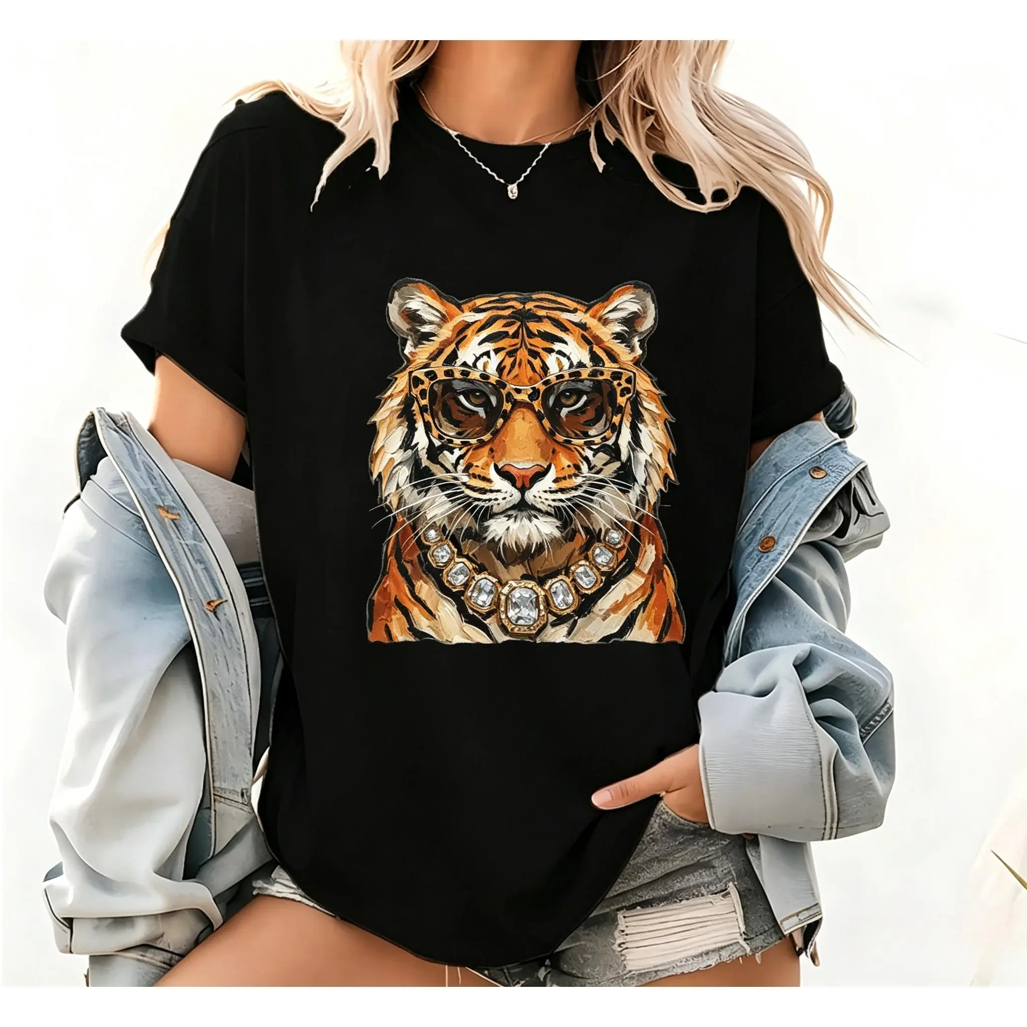 Oversized Crew Neck Short Sleeve T Shirt Featuring Realistic Watercolor Tiger Portrait Wearing Leopard Print Sunglasses And Large Diamond Chain Necklace Graphic Unisex Soft Cotton Casual Glam Wild Animal Basic Daily Top