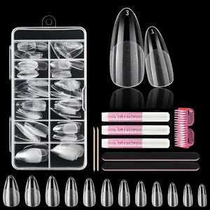 Short Almond Shaped Fake Nails Kit, 120pcs/set Full Cover False Nails with 3 Glue & 2 Files & 2 Wooden Sticks & 1 Brush, DIY Nail Art Kit for Women & Girls, Acrylic Press Nail