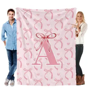 A-Z Initial Monogram Flannel Throw Blanket, Black Pink Custom Letter Gift Blanket