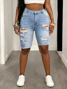 Women's High Waist Denim Jean Mid-Thigh Pants Bottom, Casual Summer Beach Streetwear Style, High Elasticity Fit Butt Lifting Belly Control Deep Pockets, Light Wash