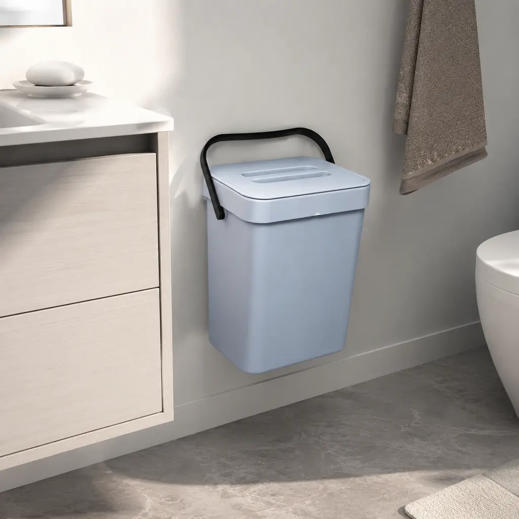 No Drill Mount Wall Hanging  Can with Odor Blocking Plastic Lid,  Placement  Use Portable Handle Touchless Sensor Soft-Close Quiet  Bin for Rental Users, Under Kitchen Counter Bins (Sleek Black) Double Tilt Out Cabinet compartment trash step-on pedal
