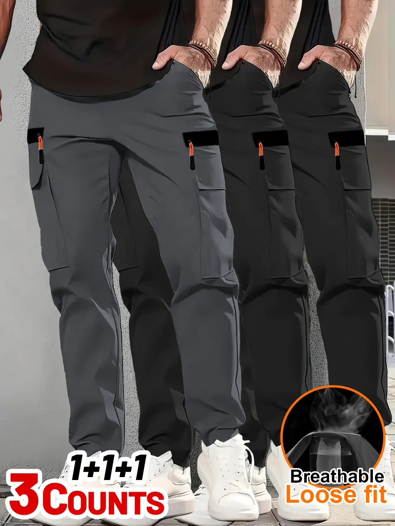 3-Pack Men’s Loose Athletic Cargo Lightweight Pants – Durable polyester fabric, multiple pockets, faux zip pockets, relaxed fit that runs large, drawstring waist, lightweight and breathable, suitable for hiking, camping, and casual wear