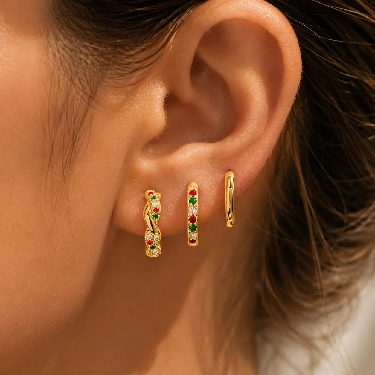 3 Pairs Christmas Huggie Hoop Earrings for Women,14K Gold Plated Brass Hypoallergenic Small Hoops with Red Green White Cubic Zirconia,Twist Inlaid Colorful CZ Cartilage Earring Clips,Stackable Tiny Hoop Jewelry Gift for Christmas Party Daily Wear
