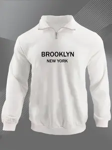Men's Letter BROOKLYN NEW YORK Print Half Zip Up Sweatshirt, Casual Breathable Long Sleeve Stand Collar Pullover for Outdoor Activity, Fashion Men's Clothes for All Seasons