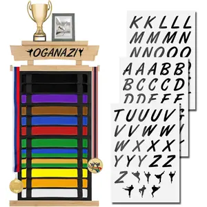 12-Slot Karate Belt Display Rack with Personalized Stickers, Taekwondo Belt Holder with Bamboo Trophy Rack, Felt Martial Arts Display for Karate Taekwondo BJJ Gifts
