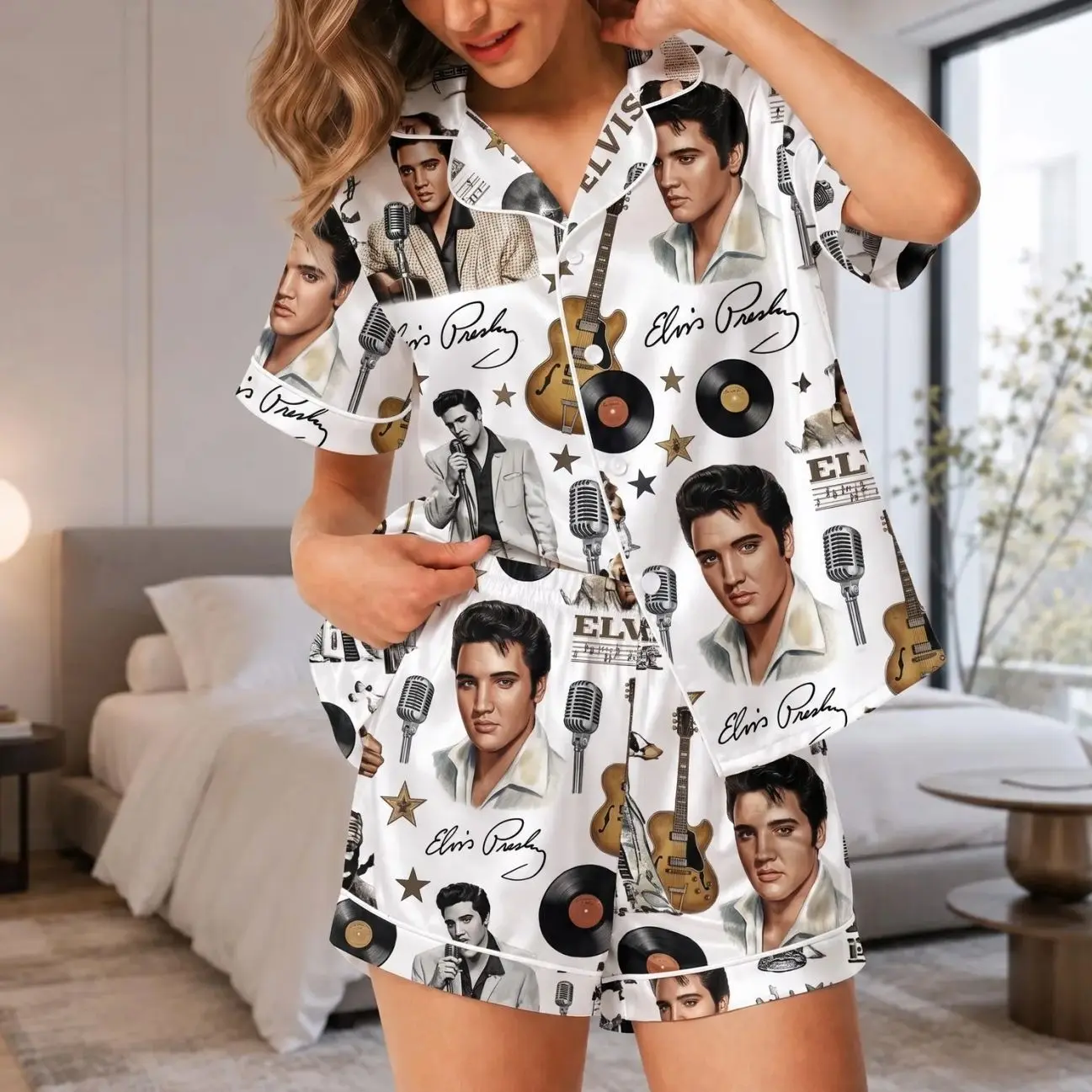 Elvis Presley Satin Pajamas, Vintage Rock and Roll Sleepwear, Retro Music Lounge Set, Silky Short Pajama Gift for Fans