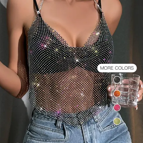Cross-Border Bestselling Camisole Tank Top with Rhinestones, Deep V Neck Backless Metal Chain Top, Perfect for Halloween Parties, Fit