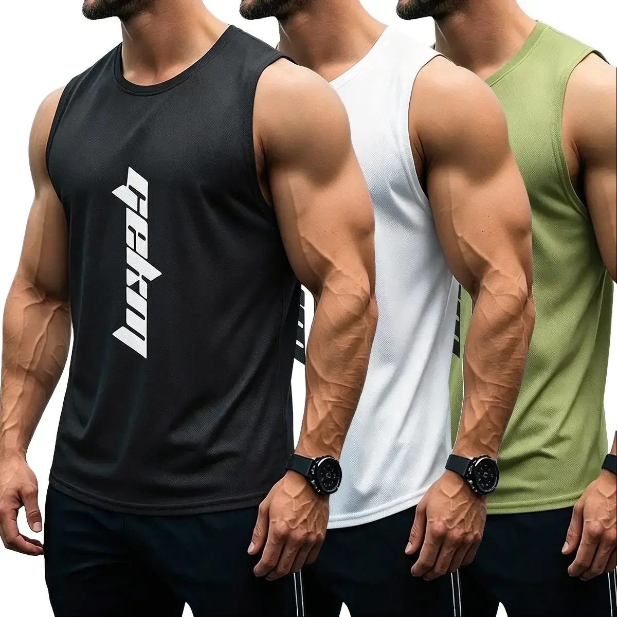 3-Pack Men's Athletic Tank Tops, Polyester Letter Print Gym Workout Clothes, Quick-Dry & Breathable for Bodybuilding & Running, Gym Bodybuilding Clothing, Gym Sportswear