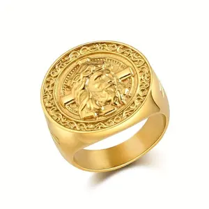 Men's Vintage Artistic Cruciform Ring BX2580419 - Antique Bronze Finish, Intricate Relief Design, Durable Stainless Steel, Classic Religious Accessory