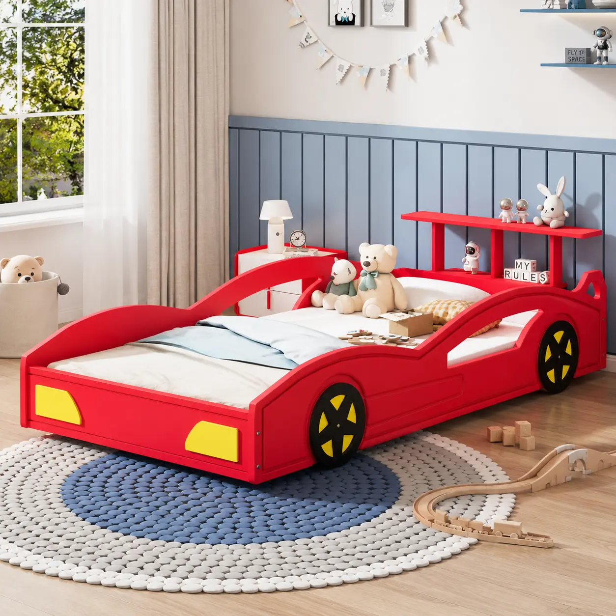 Twin Size Race Car Shaped Wooden Platform Bed Frame  for Kids & Teens Bedroom Furniture, Available in Red, Blue, Mattress Not Included