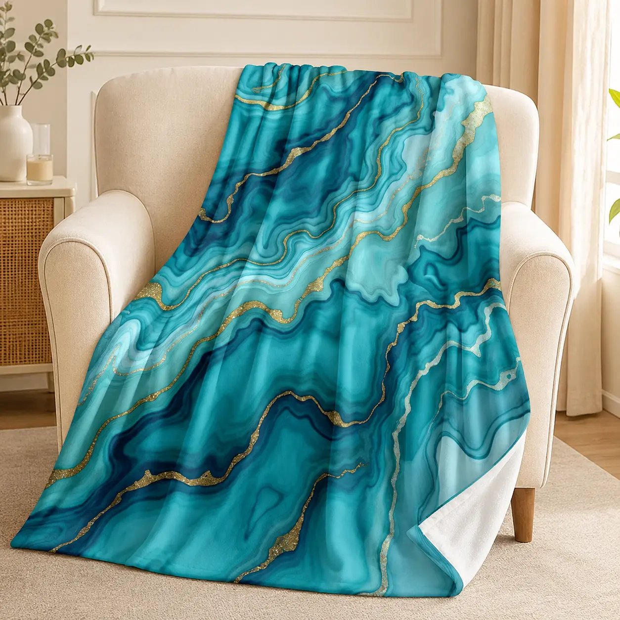 Turquoise Marble Flannel Throw Blanket, Super Soft Lightweight Teal Blue Agate Pattern Fleece Blanket for Adults & Kids, Cozy Gold Vein Abstract Blanket with Plain White Reverse, Bed Chair Gift