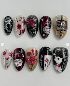 Oriental Blossom Press On Nails – Red Cherry Flowers, Lanterns, and Cat Motif, Asian-Inspired Nail Art in Black, White & Nude Tones