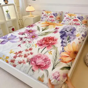 Watercolor Floral Print Fitted Sheet Set with Pillowcases, 3-Piece Soft Microfiber Bedding Set, Boho Botanical Flower Bed Cover with Deep Pocket & All-Round Elastic for Girls Bedroom