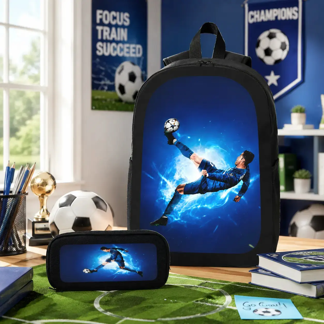 CR7 Soccer Backpack Set 3PCS 17 Inch Backpack Lunch Bag Pencil Case for Students School Backpack Sports Bookbag Backpacks for School Women Men Travel Casual Backpack Set Gift Idea