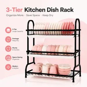 Black 3-Layer Carbon Steel Kitchen Dish Rack & Organizer - Space-Saving, Rust-Proof, Lightweight, Sturdy, Built-In Clutter-Free Drainage Draining Boards, Cutlery, Chopstick, Utensil, Bowl, Plate Holders, Cutting Board Slot for Small Kitchens, Apartments