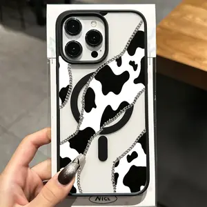 Black Cow Print Chain Phone Case， Trendy Minimalist Style for iPhone 17 16 15 14 13 12 11 Plus Pro Max， Exquisite Birthday Gift Choice.