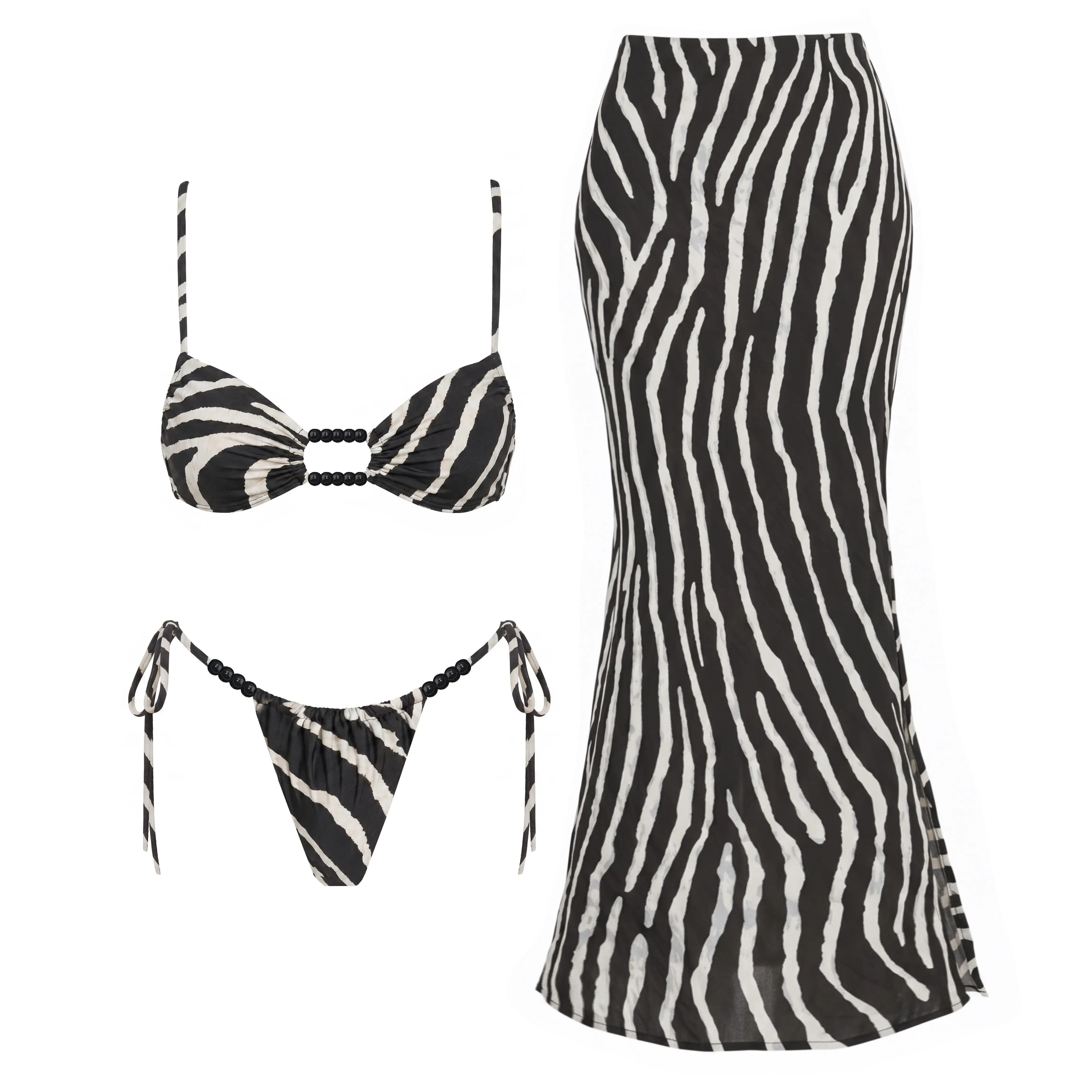 2026 new women’s bikini set with decorative details—micro top bra bikini; fashionable, sexy low-rise three-piece separate swimsuit; vacation beach outfit set with long skirt for resort wear and hot spring attire