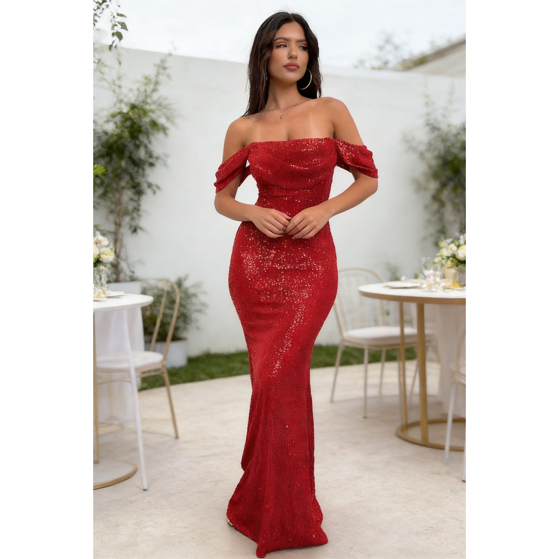 Womens Sequin Off-Shoulder Split Dress