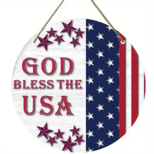 Patriotic Wooden Welcome Sign, Round American Flag Design, Easy-To-Hang Wall Decor for Home Bar Cafe Garage, 12x12 Inches