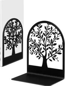 Book Ends, Metal Bookend, Tree of Life Bookend for Shelves, Home Decorative Bookends for Heavy Books, Black Non-Skid Book Stopper, 7 x 5.5 x 3.5 inch (1 Pair)