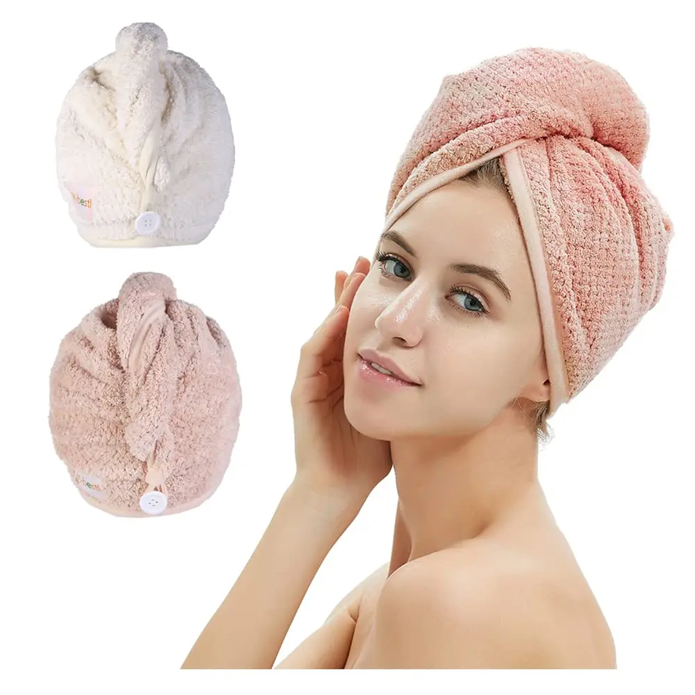 M-Bestl 2 Pack Microfiber Hair Towel Wrap,Quick Dry,Anti-Frizz(Pink&Beige) | Hair Drying Towel for Women with Button,Lightweight,Anti-Frizz Absorbent Hair Turban Towel for Long Thick Curly Hair M-bestl